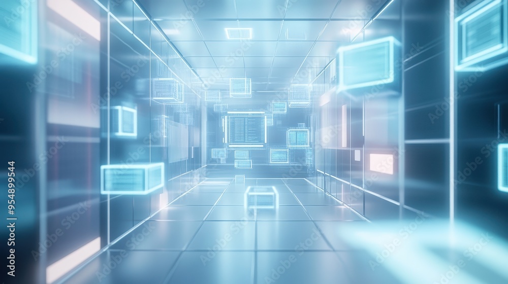 Futuristic Digital Corridor with Glowing Neon Lights and Data Screens - Abstract Technology Background. Futuristic Digital Corridor with Glowing Neon Lights and Data Screens - Abstract Technology Background.