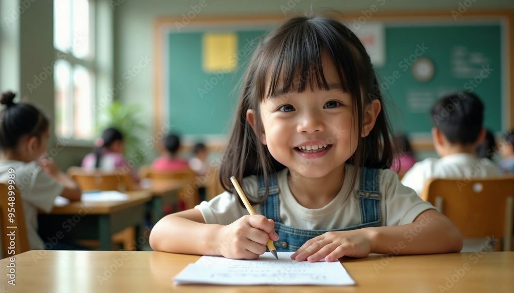 A girl sits at a desk in class writing on a piece of paper A girl sits at a desk in class writing on a piece of paper