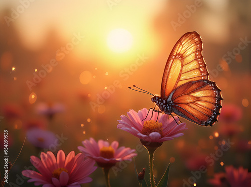 A transparent-winged butterfly fluttering over a vibrant meadow at sunrise is a stunning sight that highlights the beauty of nature 