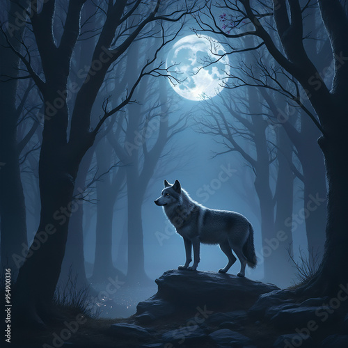 A wolf stands on a rock in a moonlit forest, its fur mixed with silver, dark blue and purple, surrounded by light mist and dim lights between the trees, a mysterious and magical scene 