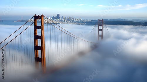 141. **Show the Golden Gate Bridge with a foggy morning sky and the San Francisco skyline partially visible.**