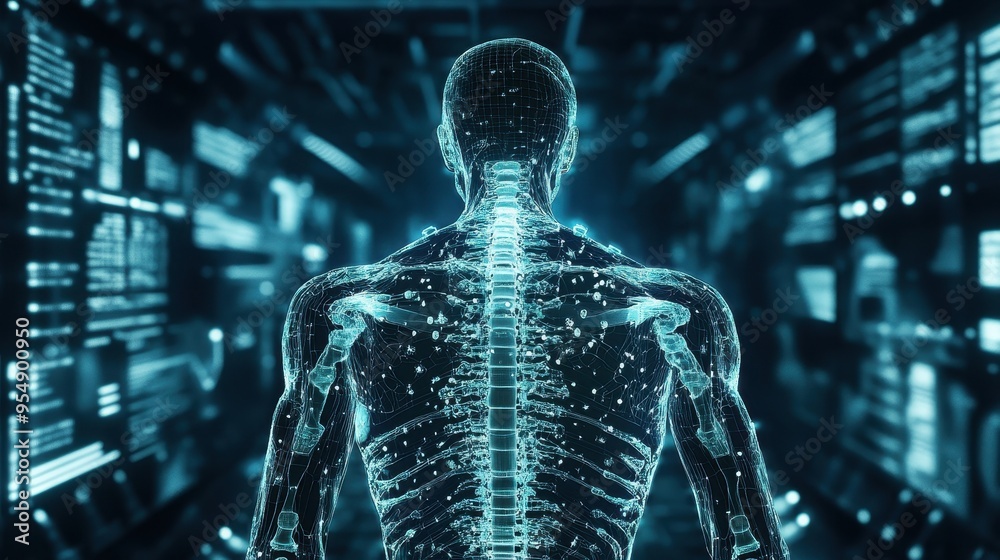 Futuristic Skeletal Structure Illuminated in Digital Realm Futuristic Skeletal Structure Illuminated in Digital Realm