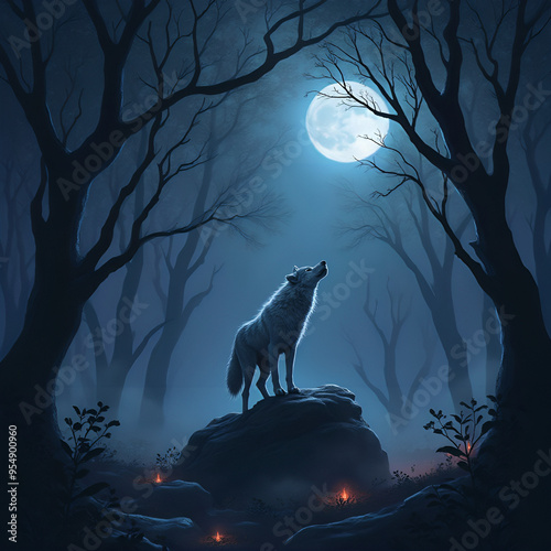 A wolf stands on a rock in a moonlit forest, its fur mixed with silver, dark blue and purple, surrounded by light mist and dim lights between the trees, a mysterious and magical scene 
