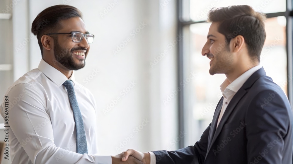 Indian Business Partners Handshake in Modern Office - Two Indian professionals shaking hands in a sleek, contemporary office environment.
Indian Business Partners Handshake in Modern Office - Two Indian professionals shaking hands in a sleek, contemporary office environment.