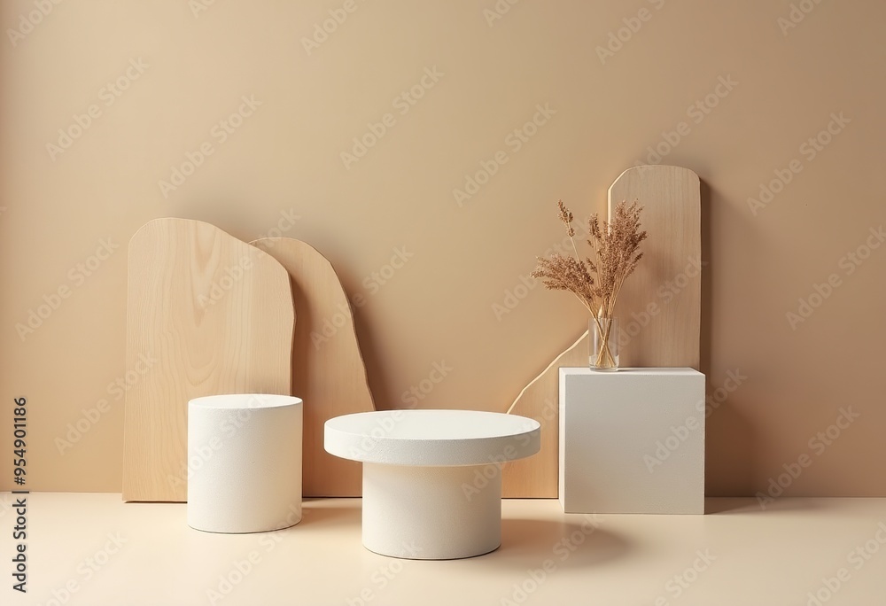 Minimalist Stone Product Display on Wooden Table with Dried Flowers