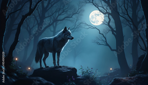 A wolf stands on a rock in a moonlit forest, its fur mixed with silver, dark blue and purple, surrounded by light mist and dim lights between the trees, a mysterious and magical scene 