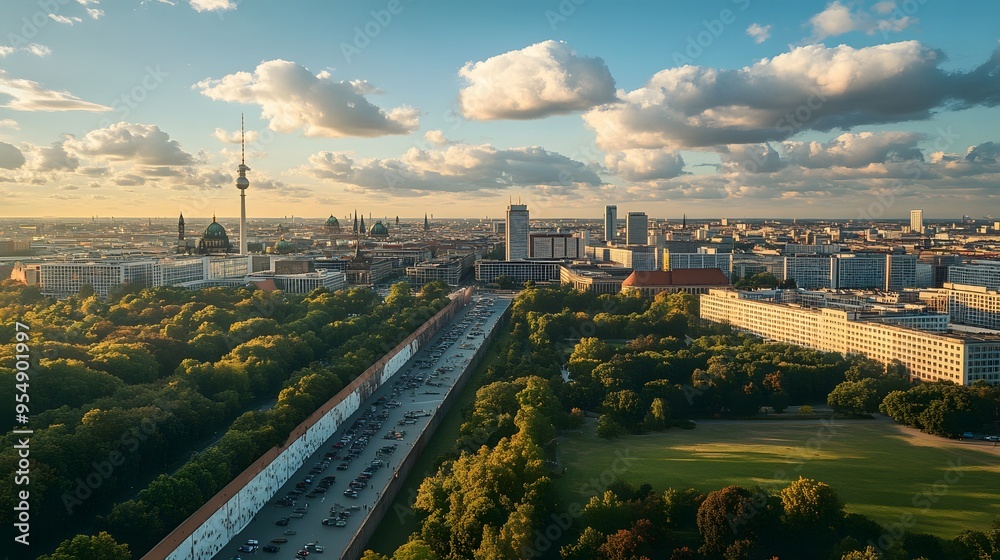 143. **Visualize the Berlin Wall Memorial with the historic wall sections contrasted against the modern cityscape.** 143. **Visualize the Berlin Wall Memorial with the historic wall sections contrasted against the modern cityscape.**