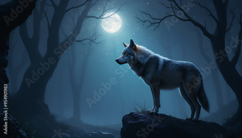 A wolf stands on a rock in a moonlit forest, its fur mixed with silver, dark blue and purple, surrounded by light mist and dim lights between the trees, a mysterious and magical scene 