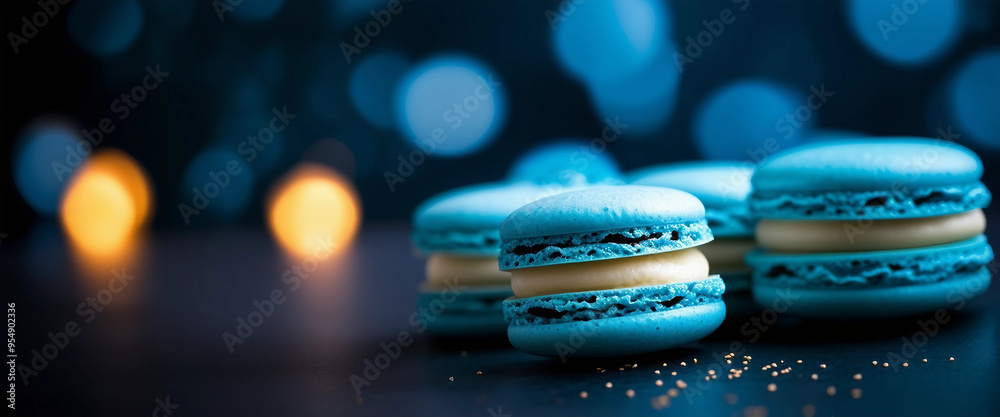 Blue macaroons arranged against a dark backdrop with ample copy space image for text or graphics Blue macaroons arranged against a dark backdrop with ample copy space image for text or graphics