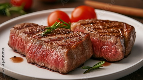 A well-arranged plate featuring perfectly seasoned and cooked meat photo