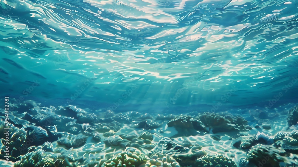 Fototapeta premium Underwater view of a coral reef with sunlight shining through the water. This image captures the beauty and tranquility of the underwater world.