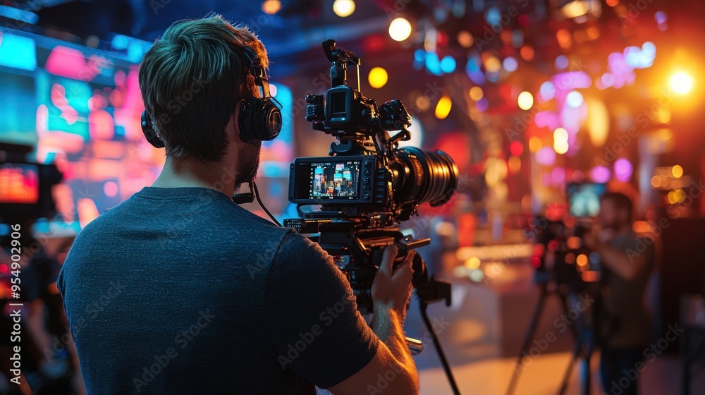 Behind-the-scenes view of a cameraman filming an interview, capturing media production.