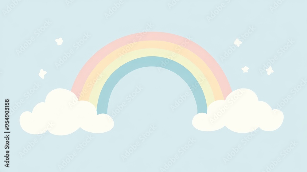 Pastel Rainbow with Clouds and Stars on a Light Blue Background - Cute ...