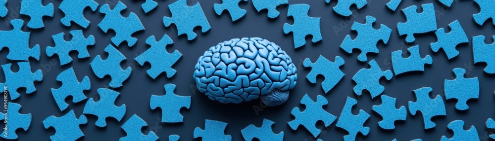 A blue brain surrounded by puzzle pieces, symbolizing mental challenges and problem-solving creativity. A blue brain surrounded by puzzle pieces, symbolizing mental challenges and problem-solving creativity.
