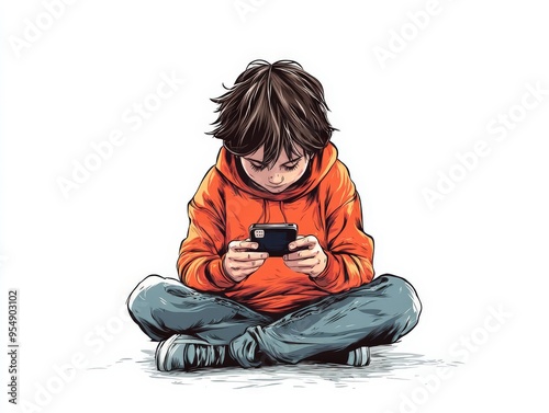 Focused boy in an orange hoodie sitting cross-legged, deeply engaged with smartphone, symbolizing technology influence on youth, concentration, and digital lifestyle