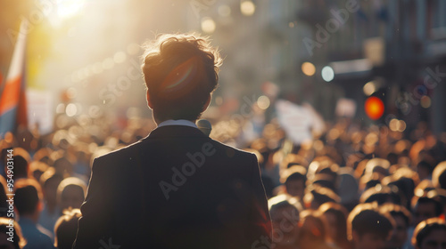 Politician campaign in front of public audience on the blur background. Politician makes a speech to voters, election. 