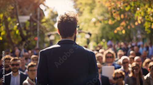 Politician makes a speech to voters. Politician campaign in front of public audience. Blur background