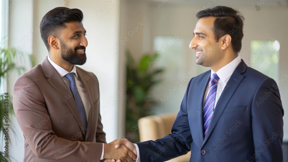 Indian Business Partners in Office Agreement - Indian business partners in business attire, shaking hands in a well-lit office space.
Indian Business Partners in Office Agreement - Indian business partners in business attire, shaking hands in a well-lit office space.