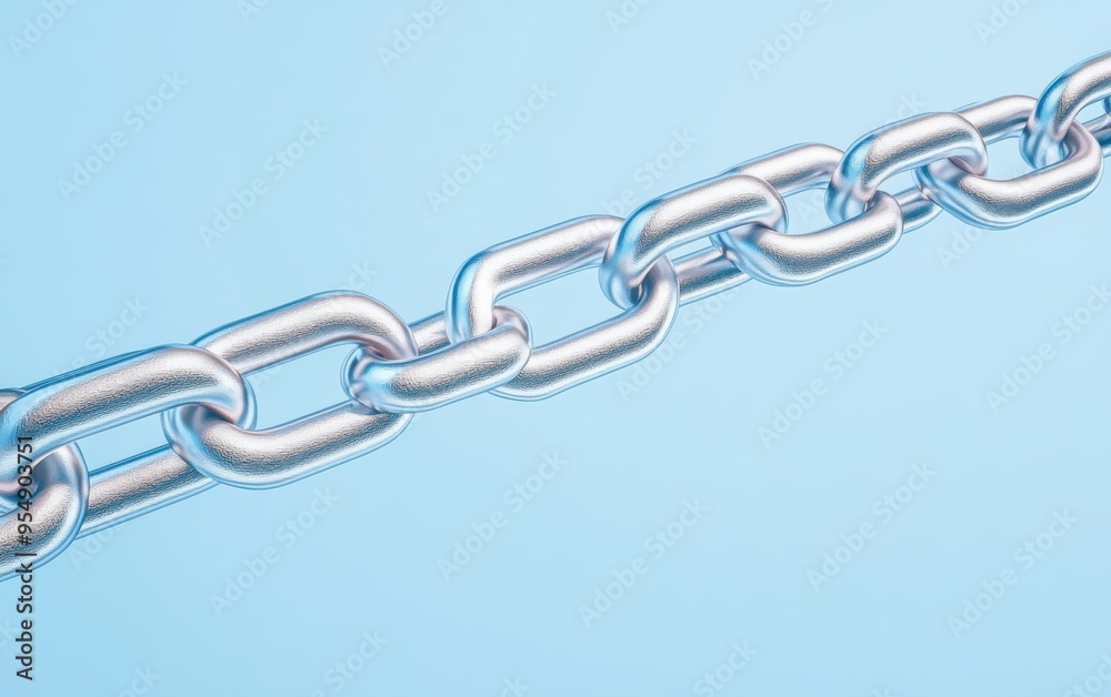 Obraz premium A close-up of a shiny metal chain against a soft blue background, symbolizing strength and connectivity in various contexts.