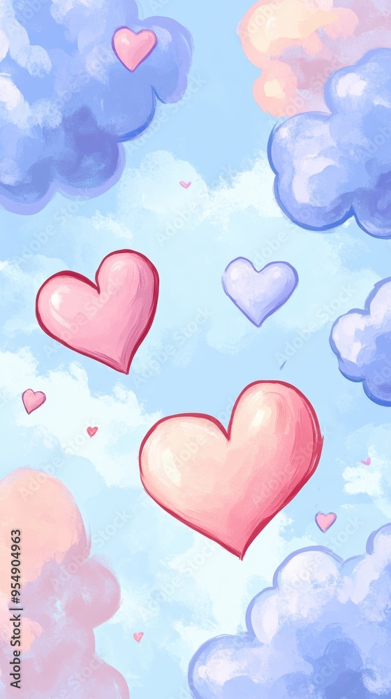 A dreamy illustration of hearts floating among fluffy clouds in a serene blue sky, perfect for romantic or whimsical themes. A dreamy illustration of hearts floating among fluffy clouds in a serene blue sky, perfect for romantic or whimsical themes.