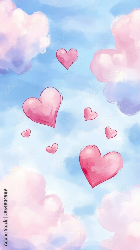 A dreamy illustration of pink hearts floating among soft, fluffy clouds in a serene blue sky, perfect for romantic themes. A dreamy illustration of pink hearts floating among soft, fluffy clouds in a serene blue sky, perfect for romantic themes.