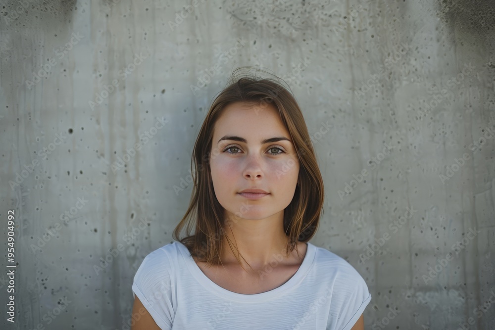 An ordinary woman stands against a plain backdrop in this photo portrait. An ordinary woman stands against a plain backdrop in this photo portrait.