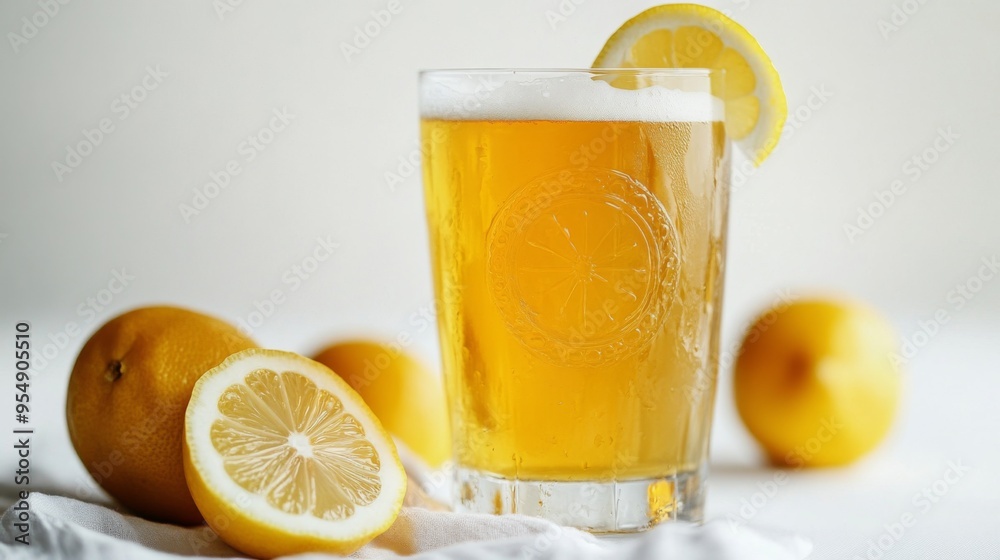 A glass of beer with a lemon wedge on the rim, set on a white surface, creating a fresh and summery drink presentation.