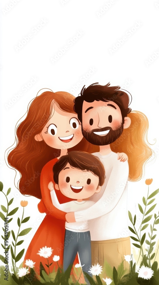 A happy family portrait featuring a smiling couple with their child outdoors, surrounded by colorful flowers. A happy family portrait featuring a smiling couple with their child outdoors, surrounded by colorful flowers.
