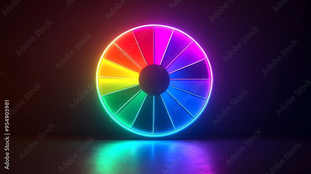 Obraz premium Neon Lit Color Wheel Glowing Vibrantly Against Dark Background Captivating Digital Rendering of Chromatic Spectrum