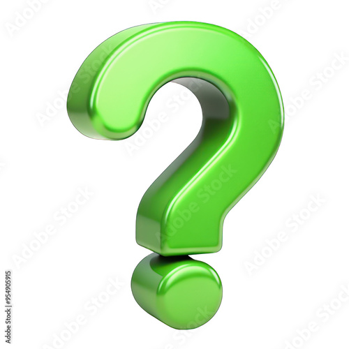 3D stylized green question mark isolated on transparent background