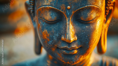 Close-up of Buddha Statue in Peaceful Setting.