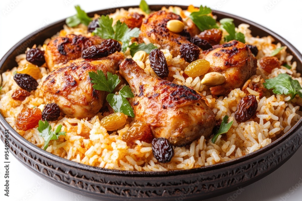 Close-up of a bowl of chicken biryani with raisins and almonds Close-up of a bowl of chicken biryani with raisins and almonds