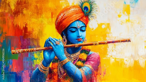 Krishna playing the flute in an artistic depiction, capturing divine serenity and grace, vibrant portrait painting in traditional Indian style, new beautiful stock image illustration AI