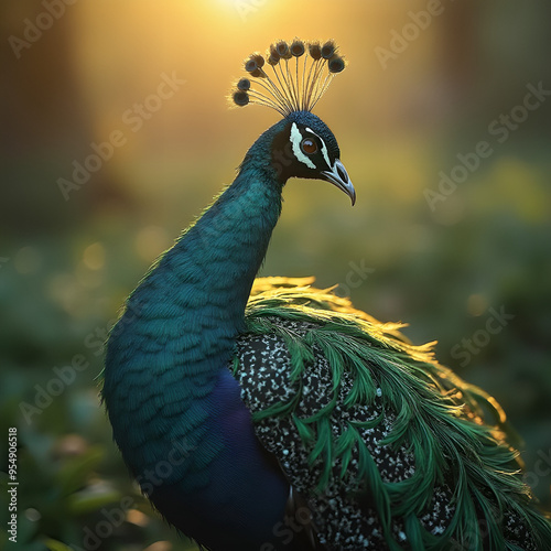 The iconic peacock, which reflects every detail of the garden from its feathers to its striking eyes, with its sparkling green, purple and emerald colors, is a captivating sight enhanced by the glow o