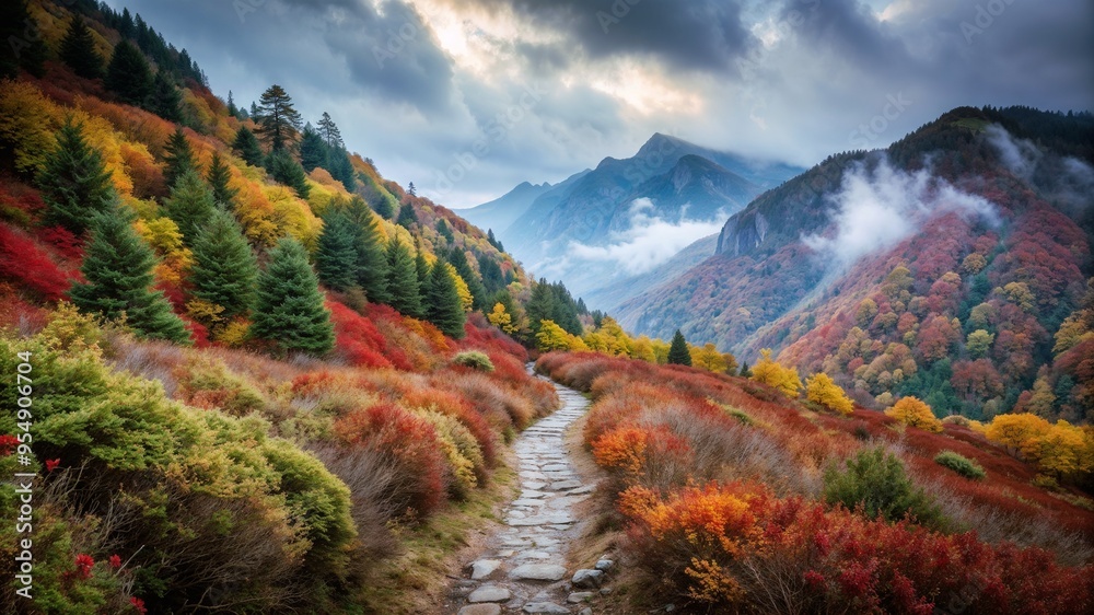 Majestic mountain valley with colorful foliage and a winding path under a dramatic sky Majestic mountain valley with colorful foliage and a winding path under a dramatic sky