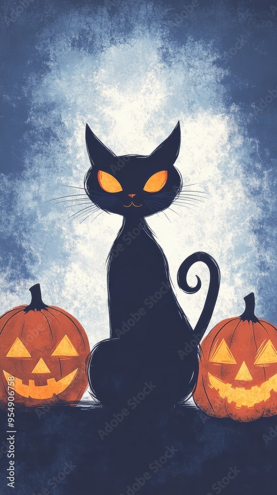 A playful black cat with glowing eyes sits among spooky pumpkins, creating a perfect Halloween atmosphere. A playful black cat with glowing eyes sits among spooky pumpkins, creating a perfect Halloween atmosphere.