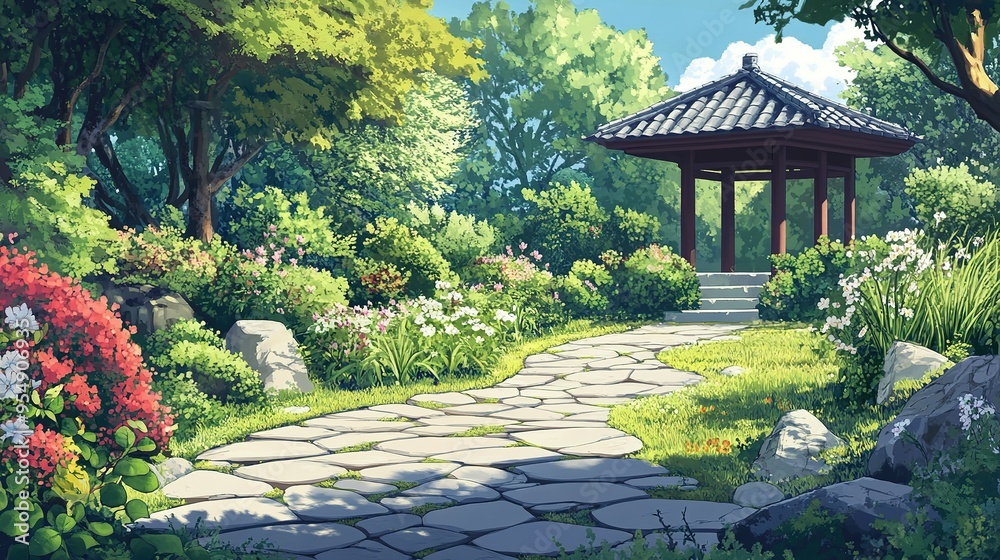 Fototapeta premium Stone Path Leading to a Gazebo in a Lush Garden