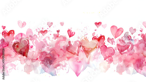panorama of watercolor 2d hand drawn hearts png on a wet white background, hearts pattern, backgrounds for valentines Day, mothers Day, anniversary artistic hand free drawing effect painting realistic