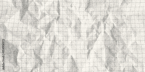 Background with dusty gritty dot effect, texture of crumpled checkered paper, grunge overlay. Old dirty notebook sheet, template for banner, empty page.