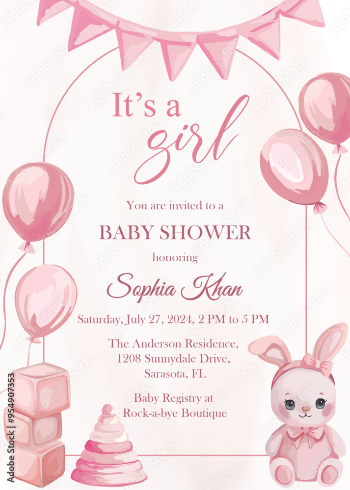 Baby shower invitation template with watercolor pink elements It's a girl Baby shower invitation template with watercolor pink elements It's a girl