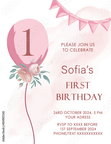 Firts birthday girl invitation template Pink ballon wirh elegant flowers