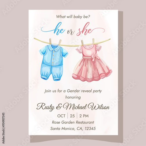 Cute gender reveal party invitation template with pink and blue baby clothes