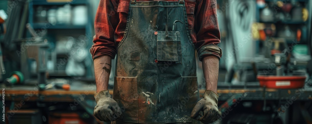 Skilled craftsman in a workshop, wearing a dirty apron, focused on metalwork. Skilled craftsman in a workshop, wearing a dirty apron, focused on metalwork.