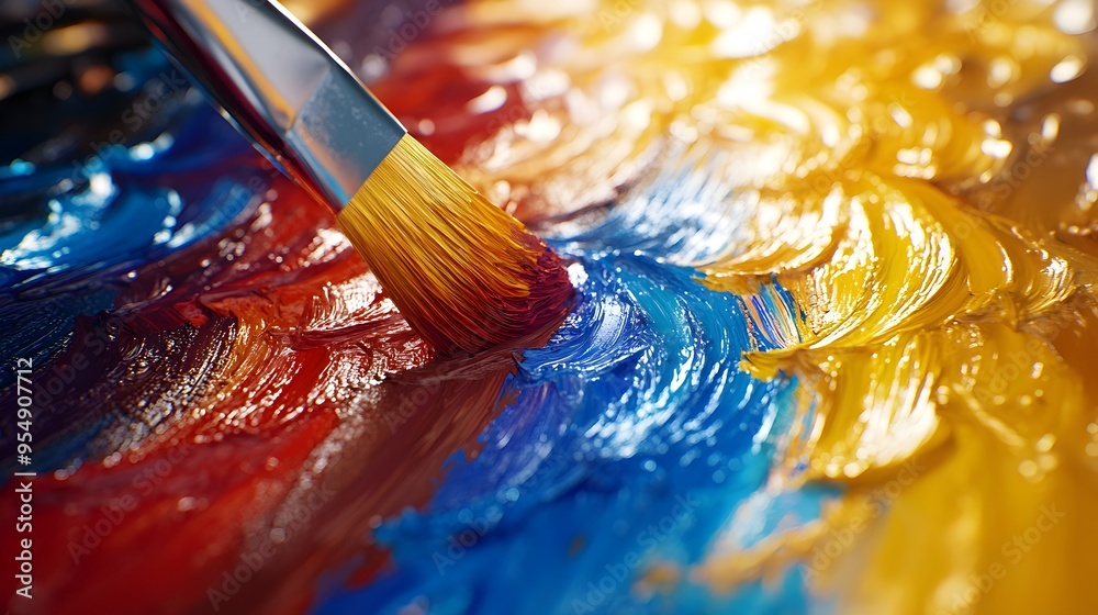 Fototapeta premium Tertiary Color Paints Being Mixed on Palette with Creative Expression