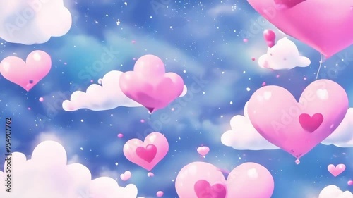 A romantic, dreamy, pastel-colored illustrated Valentine's Day video with pink hearts floating in a blue, cloudy sky