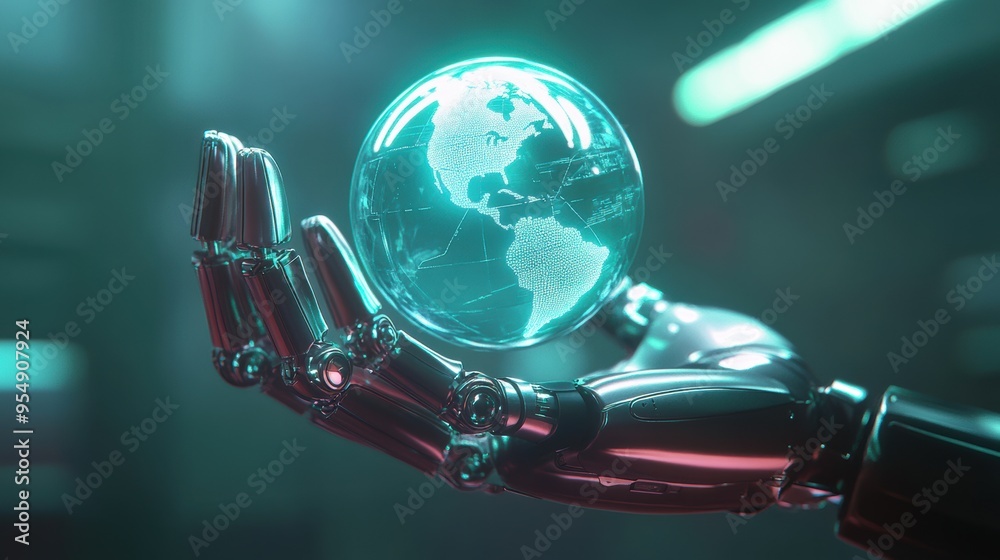 Robotic hand holding a holographic globe, symbolizing technology and global connectivity Robotic hand holding a holographic globe, symbolizing technology and global connectivity