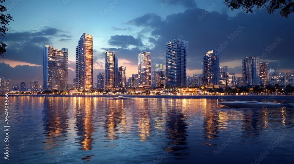 Design a city waterfront with high-rise buildings overlooking a river or harbor. Design a city waterfront with high-rise buildings overlooking a river or harbor.