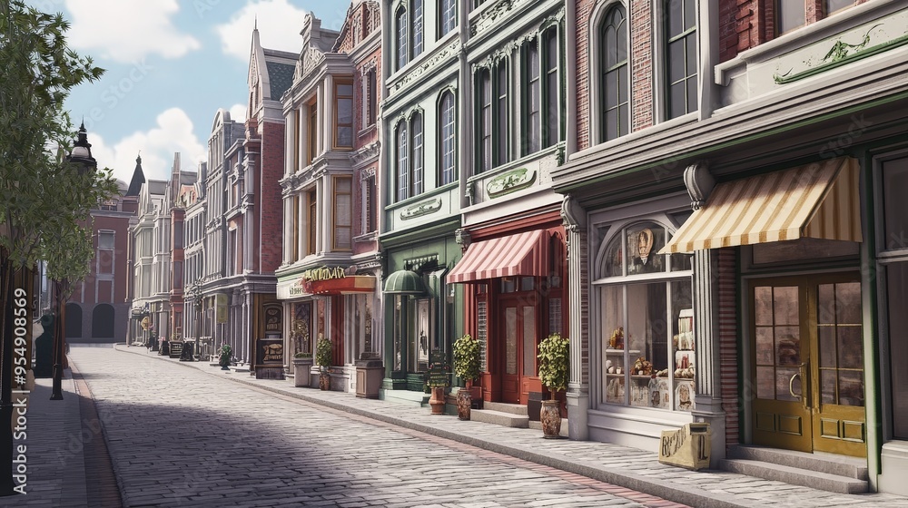 Design a city street with a historic architecture theme, featuring classic buildings, vintage storefronts, and cobblestone streets. Design a city street with a historic architecture theme, featuring classic buildings, vintage storefronts, and cobblestone streets.