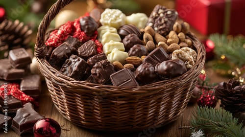 Design a chocolate-themed holiday gift basket filled with an assortment of chocolates, chocolate-covered nuts, and festive treats.