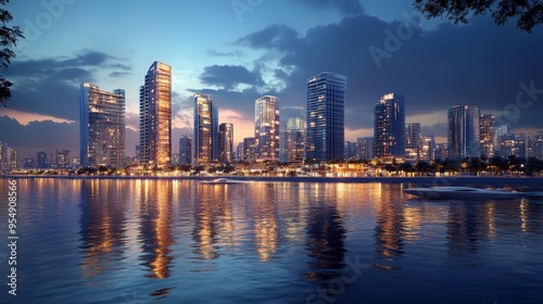 Design a city waterfront with high-rise buildings overlooking a river or harbor.